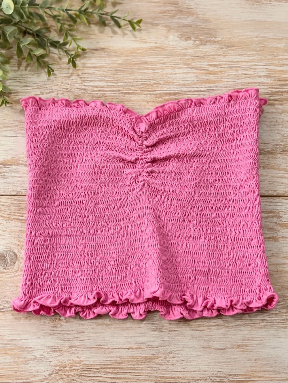 Women’s Pink Smocked Tube Crop Top with Ruffle Trim